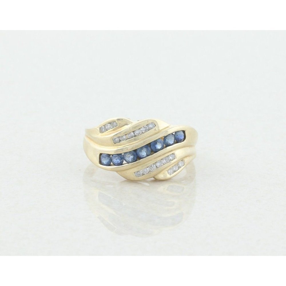 10k Yellow Gold Natural Blue Sapphire and Diamond Band Ring Size 8 1/4